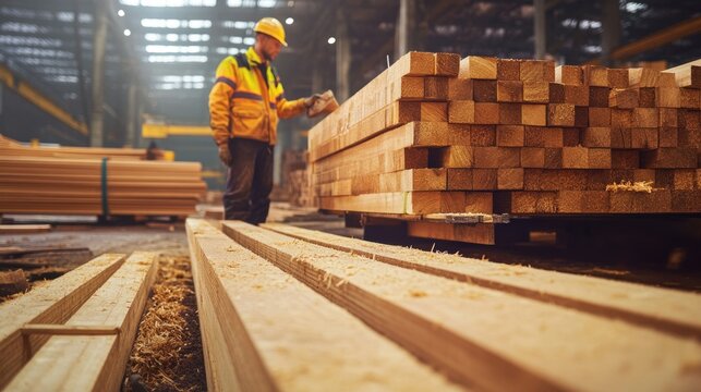 Workers inspecting freshly cut wooden planks for quality control in a large timber warehouse."