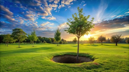 Fototapeta premium Serene Sunset Landscape Featuring a Young Tree Planted in a Hole on a Lush Green Field