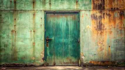 A weathered teal metal door set within a rusted and aged wall, showing the effects of time and decay.