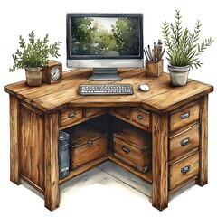 Fototapeta premium Rustic Wooden Corner Desk with Computer, Plants, and Art Supplies.