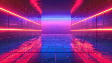 Fototapeta premium Futuristic Neon Corridor with Vibrant Lights and Reflective Tiled Floor - Perfect for Sci-Fi and Retro-Themed Designs