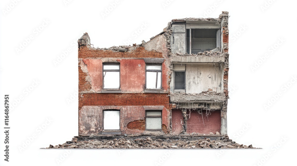 Poster a side angle of a demolished building, with broken windows and crumbled bricks, isolated on white, e