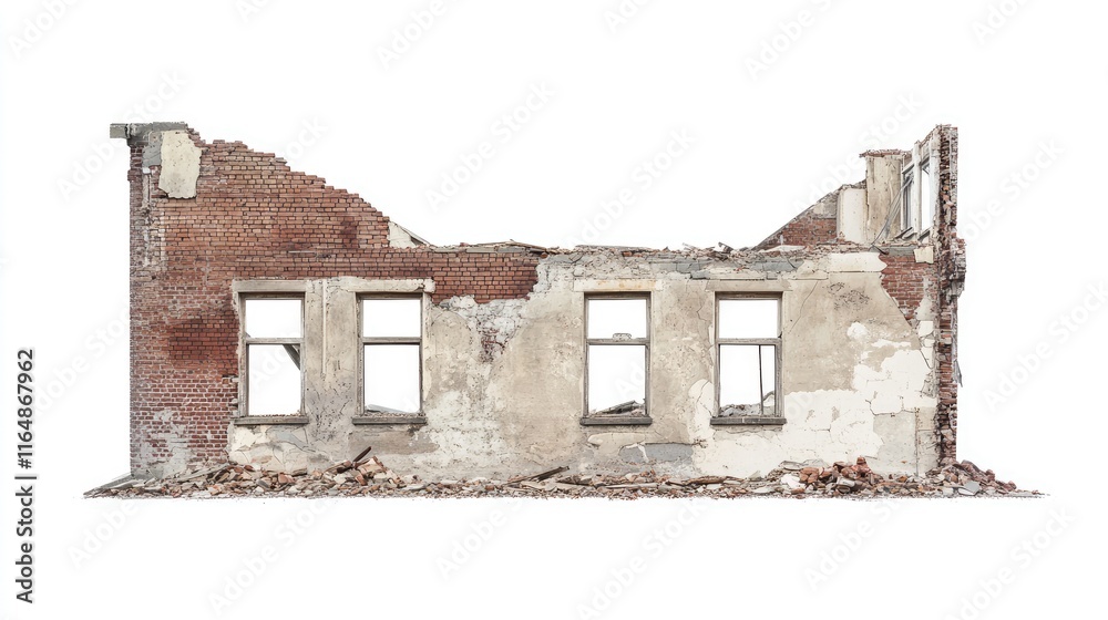 Poster a side angle of a demolished building, with broken windows and crumbled bricks, isolated on white, e