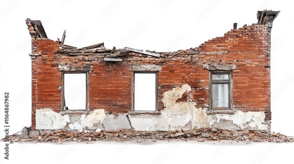 Poster a side angle of a demolished building, with broken windows and crumbled bricks, isolated on white, e