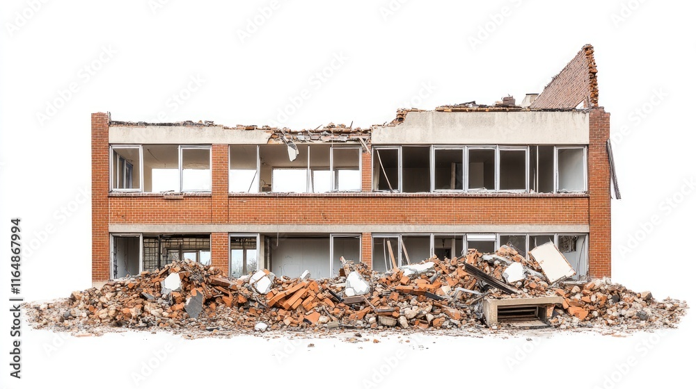 Poster a side angle of a demolished building, with broken windows and crumbled bricks, isolated on white, e