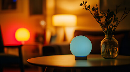 A cozy living room scene featuring colorful lamps, a glowing orb lamp on a table, and a vase with dried flowers, creating a warm ambiance.