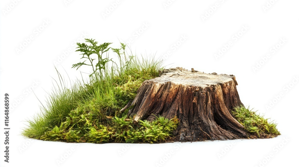 Poster A side view of a tree stump with lush grass and intricate textures, standing alone against a minimalistic white background