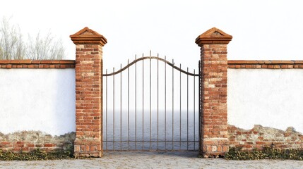 Naklejka premium A side view of a sturdy red brick gate, set against a crisp white backdrop, emphasizing the solid and timeless structure
