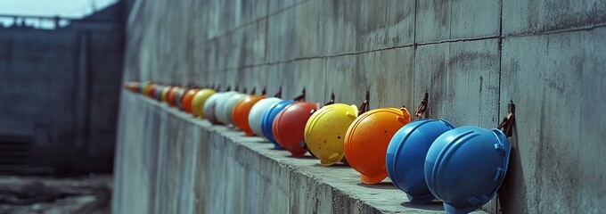 Fototapeta premium Colorful hard hats lined up against a concrete wall.