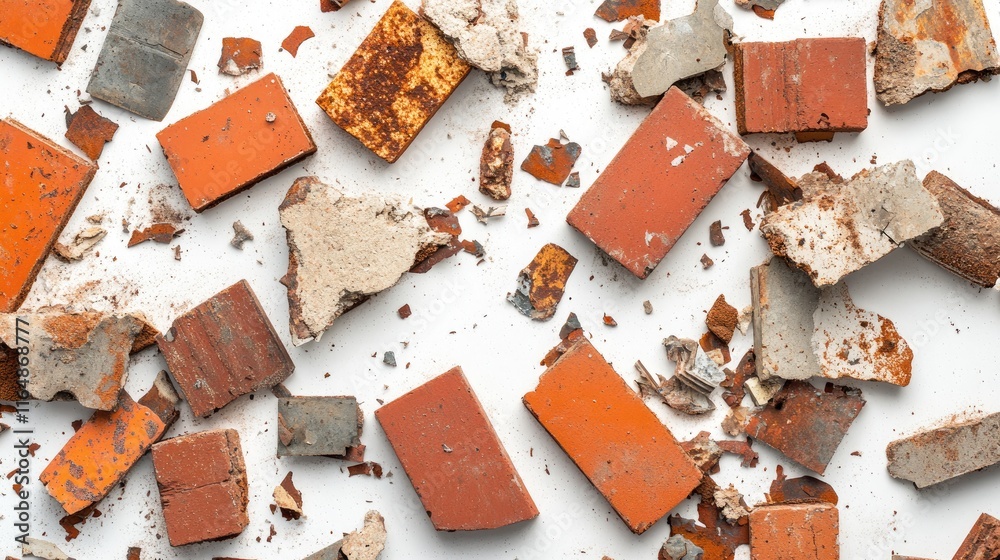 Poster a side view of mixed construction debris including red bricks, concrete blocks, and rusted metal pie