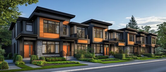 Naklejka premium Modern townhouses with orange accents and landscaped yards.