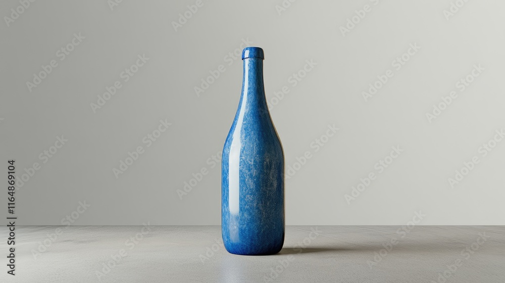 Poster a single glossy blue beer bottle with a blank label, isolated on a grey background, perfect for show