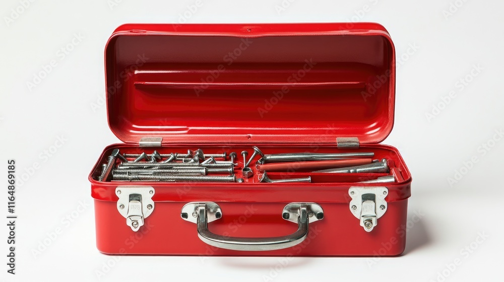 Aufkleber A single open red toolbox with screws, nails, and essential tools visible inside, isolated on white, reflecting a simple yet efficient tool collection