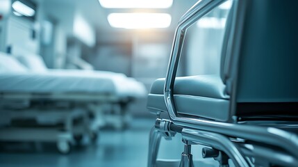 Fototapeta premium Close-up of a hospital chair with a blurred bed in the background.