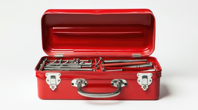 A single open red toolbox with screws, nails, and essential tools visible inside, isolated on white, reflecting a simple yet efficient tool collection