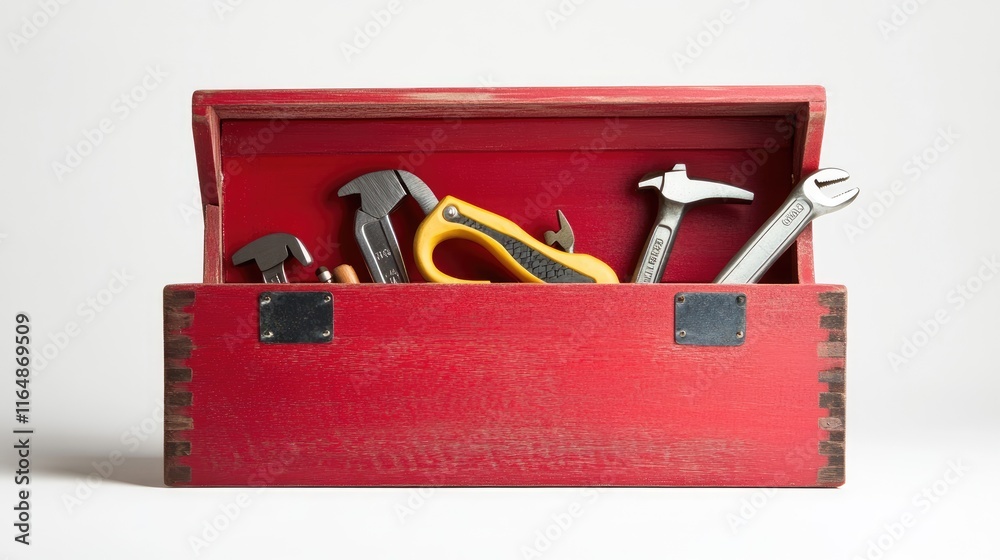 Poster A single red wooden toolbox, open and filled with essential tools, isolated on a white background, emphasizing its classic design and functionality