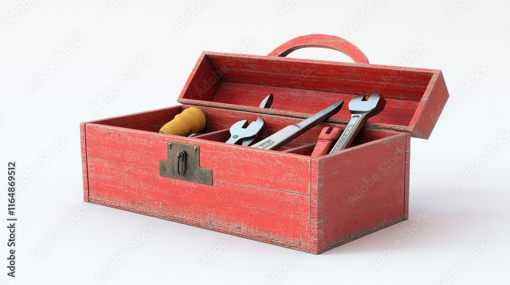 Aufkleber A single red wooden toolbox, open and filled with essential tools, isolated on a white background, emphasizing its classic design and functionality