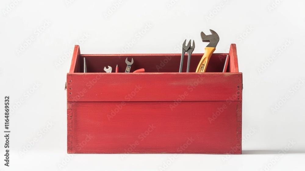 Poster a single red wooden toolbox, painted with a vibrant finish, filled with visible tools, isolated on a