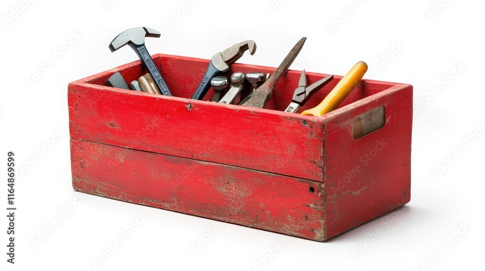 Poster a single red wooden toolbox, painted with a vibrant finish, filled with visible tools, isolated on a