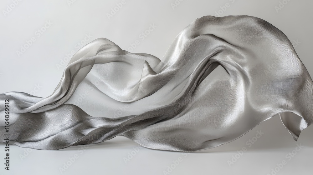 Poster A smooth, flowing streak of silver fabric on a minimalist backdrop, creating an elegant and abstract design with shimmering light reflections