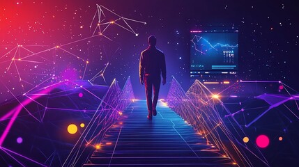 Person walks digital bridge toward data display.