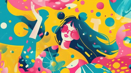 Fototapeta premium A vibrant illustration of a woman with sunglasses surrounded by colorful abstract shapes.