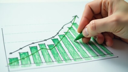 Hand Drawing Growth on a Green Graph Chart. An ideal visual for illustrating business growth, financial planning, market analysis, or performance evaluation in professional and academic projects