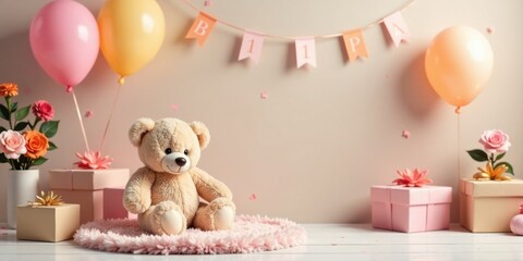 A sweet teddy bear sits on a plush rug amidst pastel-colored balloons, gifts, and floral decorations, creating a charming first birthday scene.