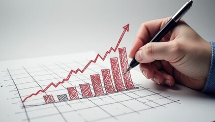 Hand Drawing Growth on a Red Graph Chart. An ideal visual for illustrating business growth, financial planning, market analysis, or performance evaluation in professional and academic projects