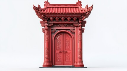 Fototapeta premium A stunning red ceramic gate with intricate carvings, standing tall on a white background, showcasing its ornate design and bold color