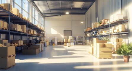 Sunlit warehouse interior with stacked cardboard boxes on shelves and pallets. (1)