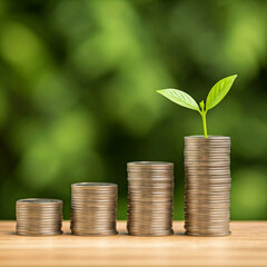 green plant growing from stack of coins on wooden table  green background business growth financial savings concept