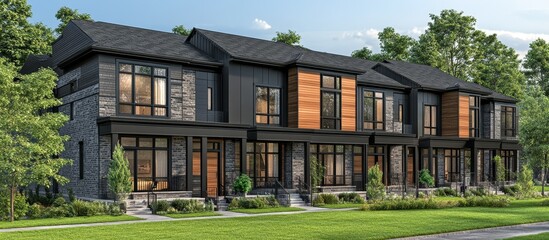 Modern townhouses with dark gray siding, wood accents, and large windows.