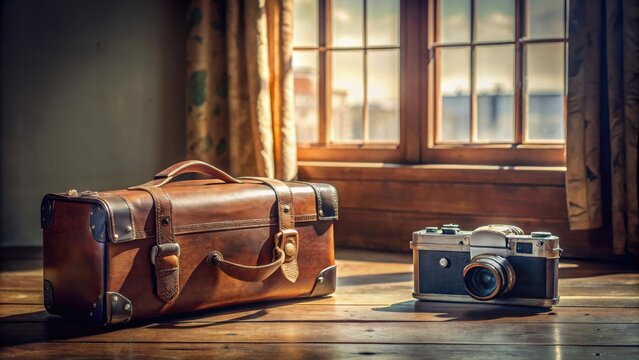 Vintage Leather Suitcase and Retro Camera by Sunlit Window