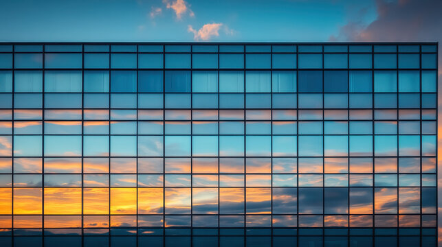 Modern office building exterior with a glass facade at sunset, featuring industrial architecture