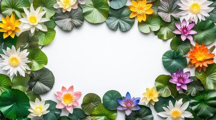 A top-down shot of colorful lotus flowers on a white background, with free space surrounding them, perfect for visual design or promotional content