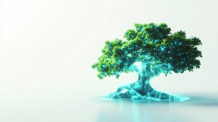 Futuristic Glowing Evergreen Tree in 3D Cartoon Style Isolated on White Background with Banner Space