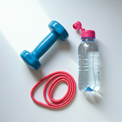 Obraz premium blue dumbbell water bottle and red resistance band on a white background