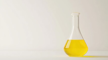 A transparent glass flask filled with bright yellow liquid, standing upright on a clean white background, highlighting the vivid color of the liquid