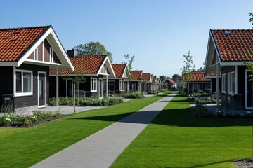 Row of charming dark-wood cottages with red tile roofs, neatly landscaped lawns, and paved walkway.