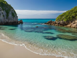 Surrounded by Steep Cliffs, a Hidden Beach Awaits, Its Pristine Shoreline Embraced by Crystal-Clear Waters, Offering a Secluded Paradise of Quiet Reflection and Unspoiled Coastal Beauty