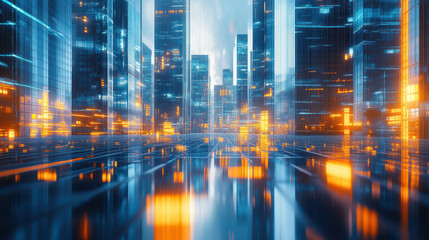 Obraz premium Modern cityscape with skyscrapers and reflections on glass, creating an abstract background for corporate or business themes