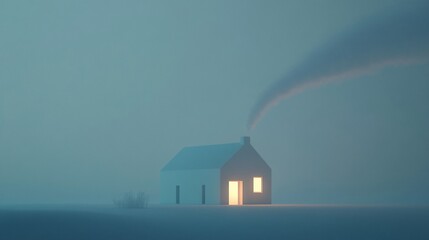 Lonely house in foggy landscape at night.