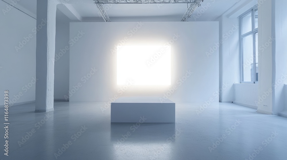 Poster a white studio room featuring a simple white podium, lit with soft, diffused white light, creating a