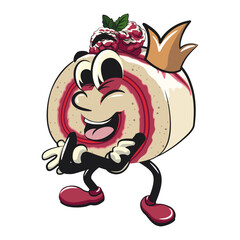 raspberry roll cake cute cartoon isolated vector illustration character mascot crowned like a king while folding his arms calmly, work of hand drawn
