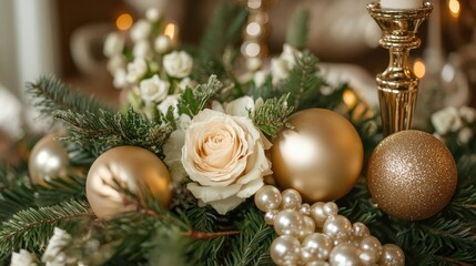 An elegant holiday arrangement with shimmering gold accents and delicate pearl ornaments, creating a refined seasonal mood