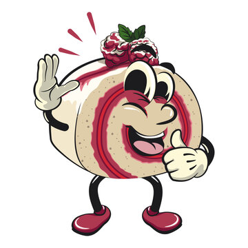 recommend clip art: raspberry roll cake cute cartoon isolated vector illustration character mascot wave your hand and give a thumbs up sign, work of hand drawn
