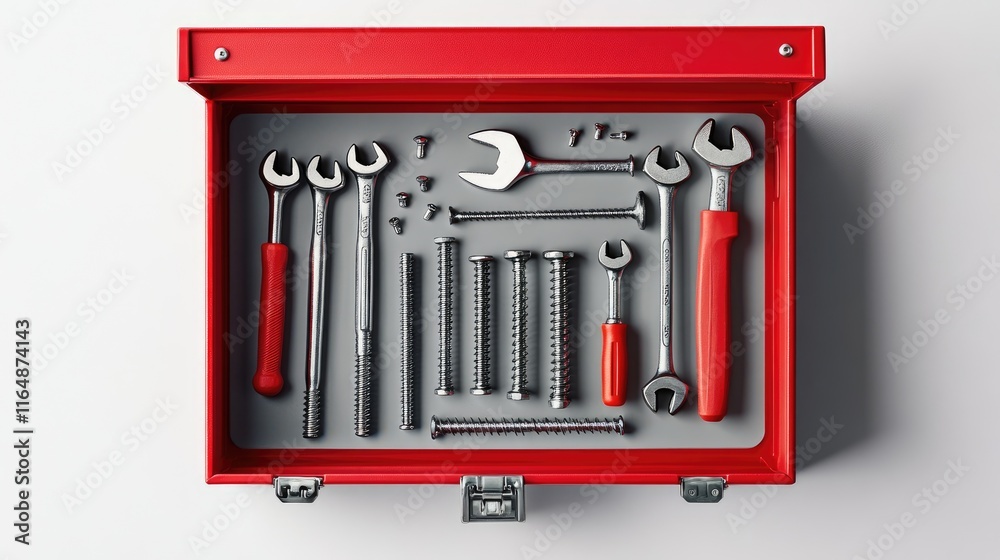 Poster An open red toolbox with screws, nails, and basic tools inside, centered on a white background, showcasing the contents in a practical, clean layout