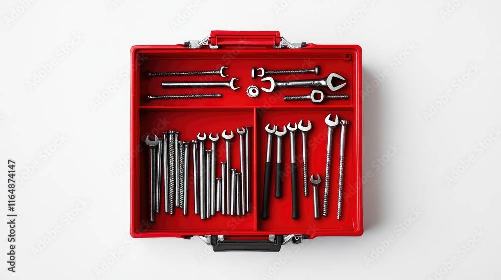 Poster An open red toolbox with screws, nails, and basic tools inside, centered on a white background, showcasing the contents in a practical, clean layout