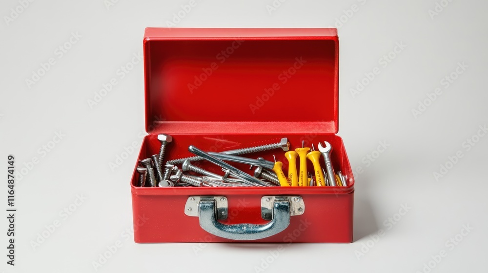 Poster An open red toolbox with screws, nails, and basic tools inside, centered on a white background, showcasing the contents in a practical, clean layout